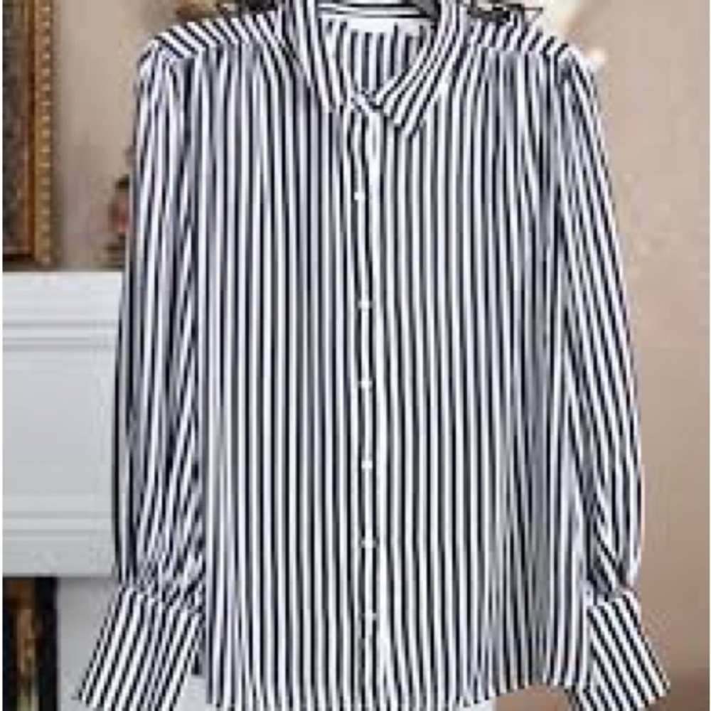 New York & Company Navy and White Striped Shirt
